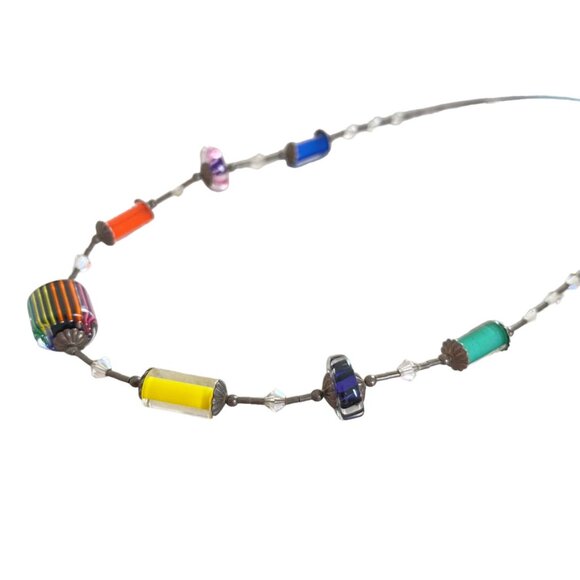 Sterling Silver Beaded Choker Rainbow Art Glass Necklace Modernist Jewelry Artsy - Picture 11 of 13